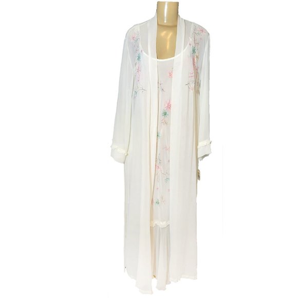 💕 New Vintage White Floral Embroidered Linea Donatella Slip Chemise & Robe Set - Picture 2 of 15